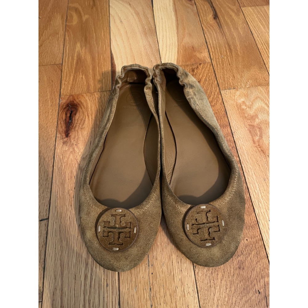 Tory Burch Reva Camel Suede Ballet Flats Womens 8 Slip-On Logo Shoes Classic